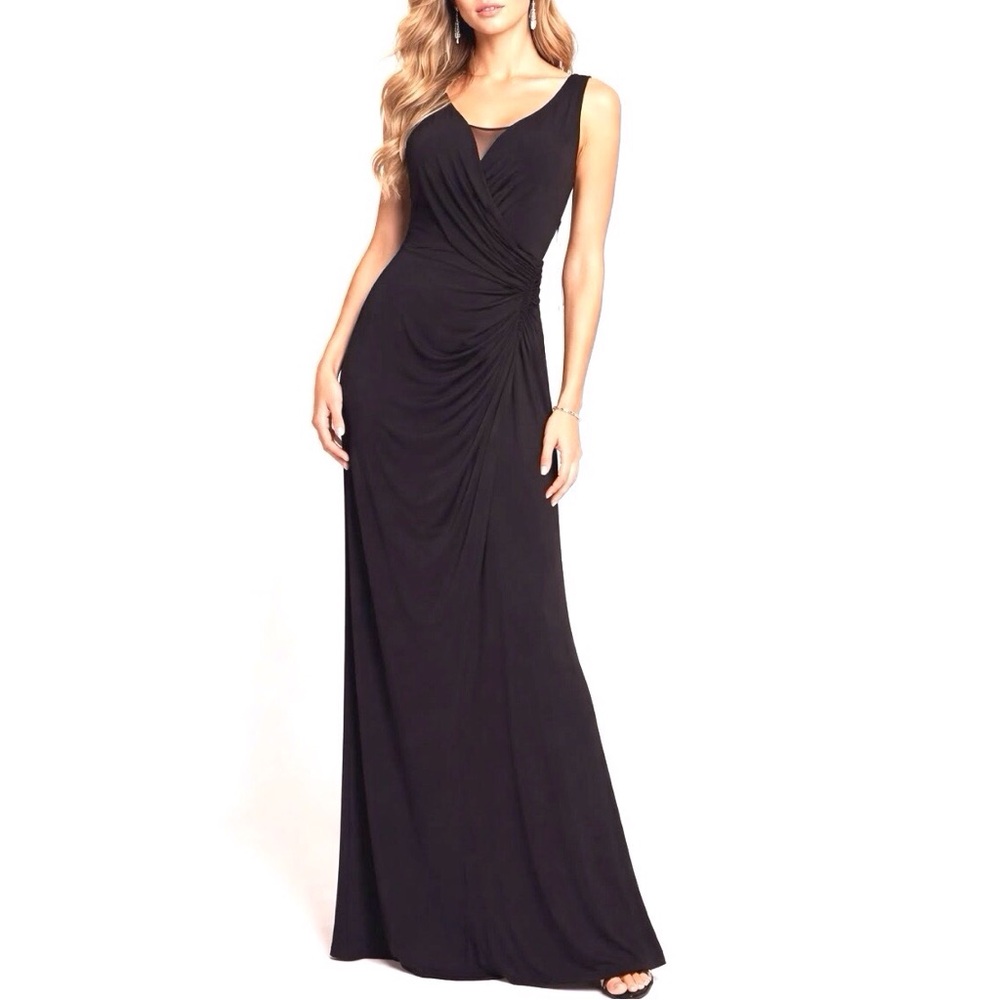 Adrianna Papell Black Jersey Knit Gown Plunge Neck Mermaid Cocktail Dress Size 4